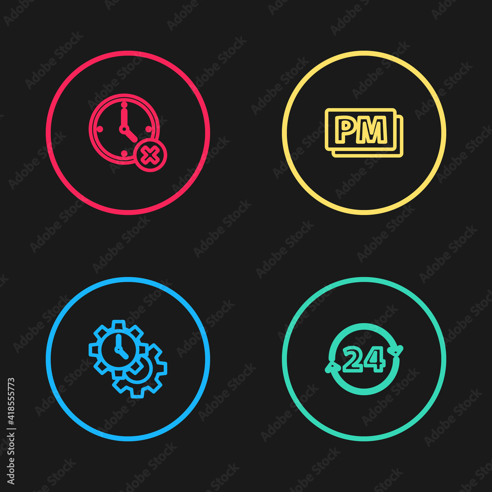 Set line Time Management, Clock 24 hours, PM and delete icon. Vector. Set line Time Management, Clock 24 hours, PM and delete icon. Vector.