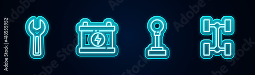 Set line Wrench spanner, Car battery, Gear shifter and Chassis car. Glowing neon icon. Vector.