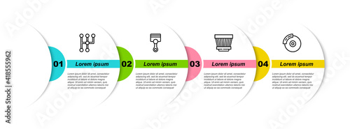 Set line Gear shifter, Engine piston, Car air filter and brake disk with caliper. Business infographic template. Vector.