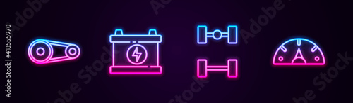 Set line Timing belt kit, Car battery, Chassis car and Speedometer. Glowing neon icon. Vector.