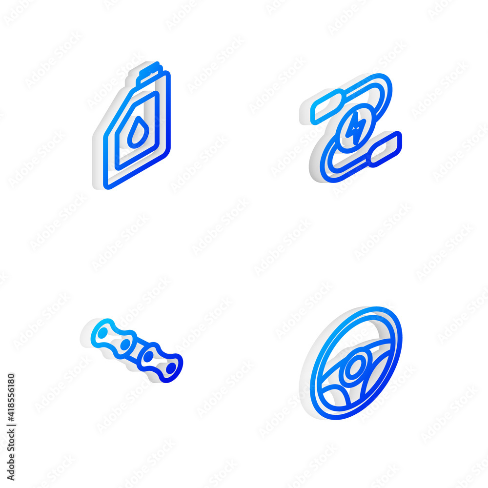 Set Isometric line Car battery jumper power cable, Canister for motor oil, chain and Steering wheel icon. Vector.