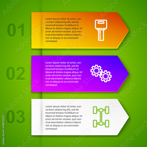 Set line Car key with remote, Gear, Chassis car and shifter. Business infographic template. Vector.