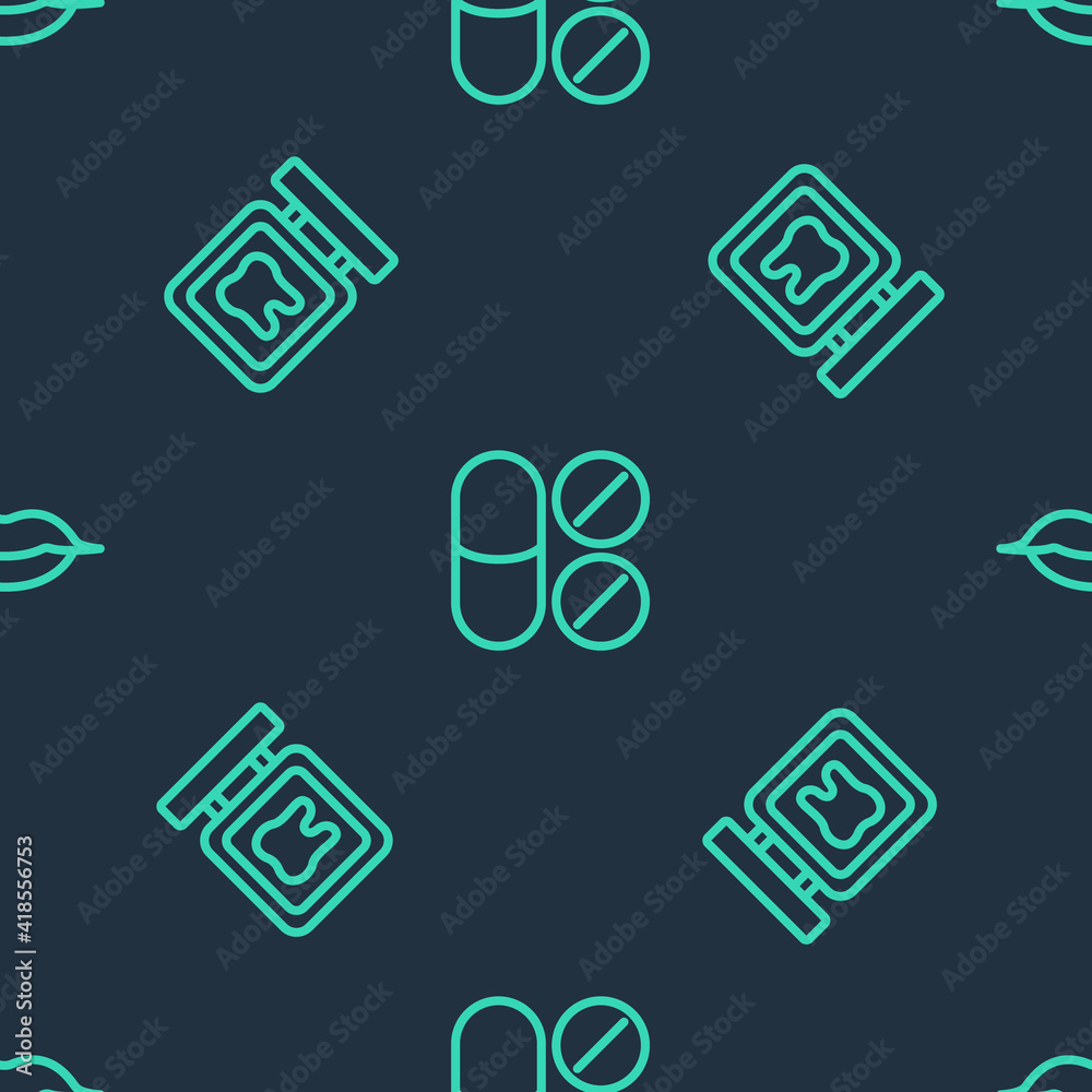Set line Painkiller tablet, Dental clinic location and Smiling lips on seamless pattern. Vector. Set line Painkiller tablet, Dental clinic location and Smiling lips on seamless pattern. Vector.