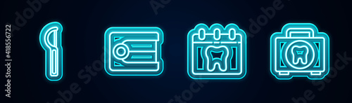Set line Dental floss, Dentures model, Calendar with tooth and First aid kit. Glowing neon icon. Vector.