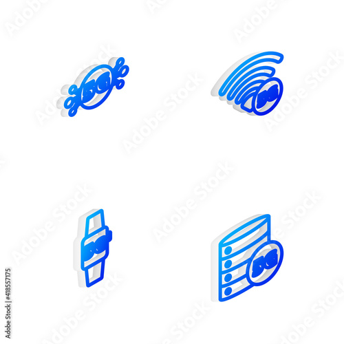 Set Isometric line 5G network, , Smart watch and Server icon. Vector.