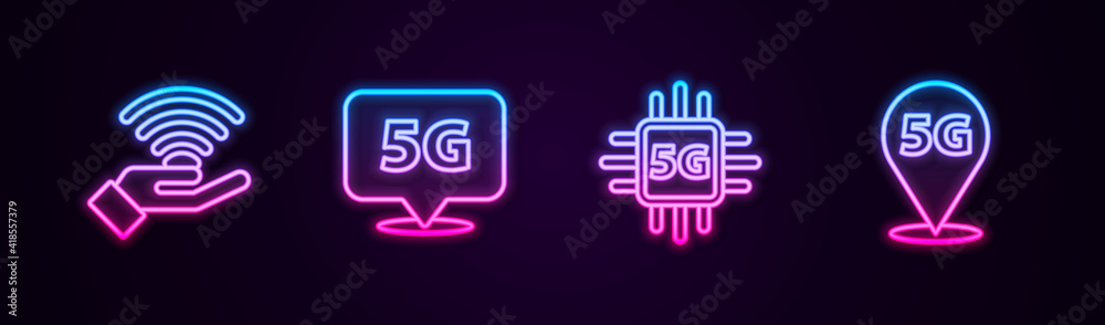 Set line 5G network, Location, Processor and . Glowing neon icon. Vector. Set line 5G network, Location, Processor and . Glowing neon icon. Vector.
