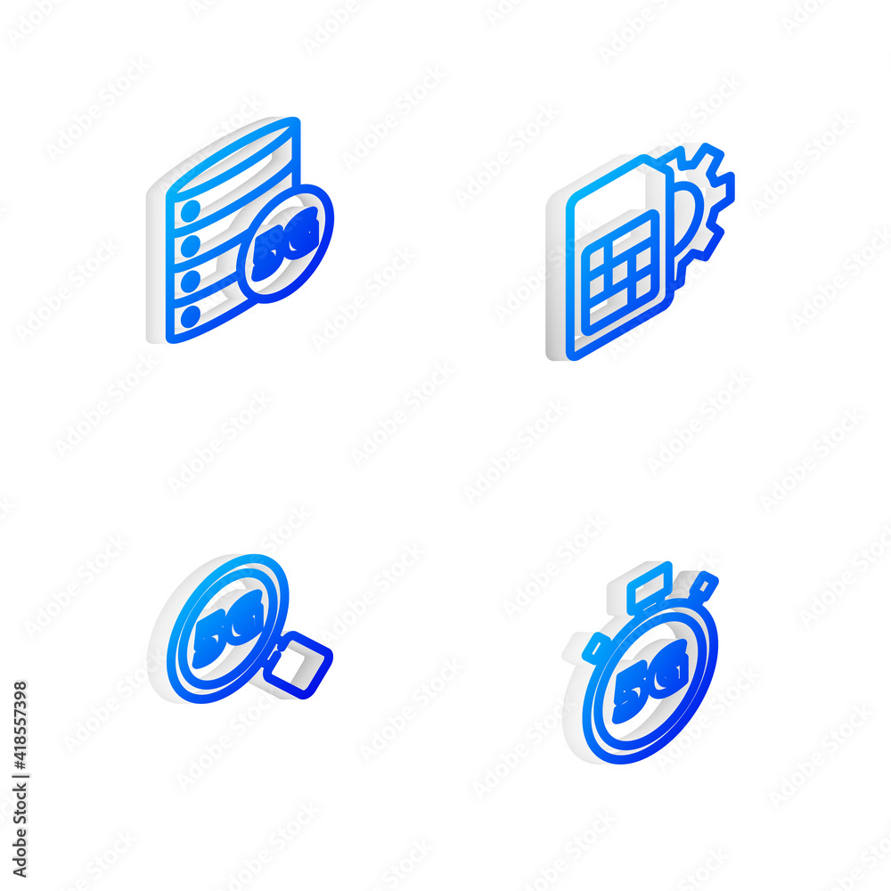 Set Isometric line Sim card setting, Server 5G network, Search and Digital speed meter icon. Vector. Set Isometric line Sim card setting, Server 5G network, Search and Digital speed meter icon. Vector.