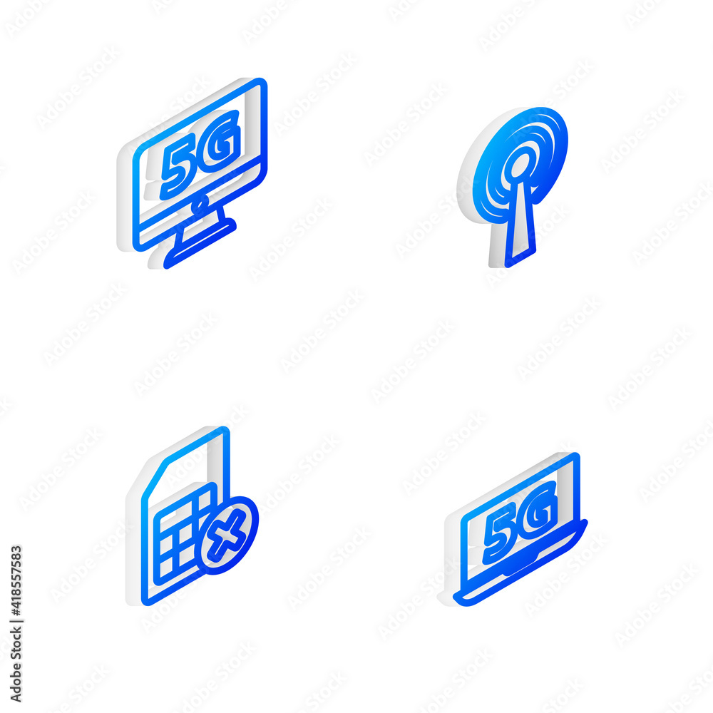 Set Isometric line Antenna, Monitor with 5G network, Sim card rejected and Laptop icon. Vector. Set Isometric line Antenna, Monitor with 5G network, Sim card rejected and Laptop icon. Vector.