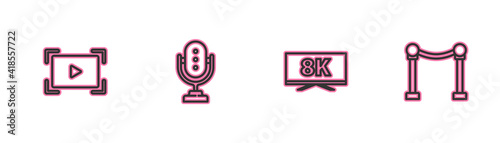 Set line Online play video, Screen tv with 8k, Microphone and Rope barrier icon. Vector.