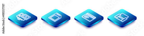 Set Isometric line Action extreme camera, SD card, Movie clapper and Cinema chair icon. Vector.