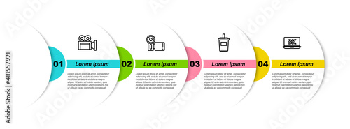 Set line Cinema camera, , Paper glass with water and Laptop 8k. Business infographic template. Vector.