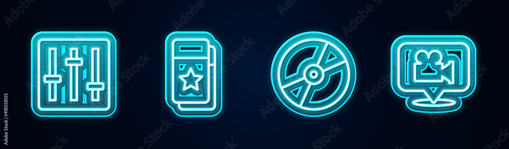 Set line Sound mixer controller, Cinema ticket, CD or DVD disk and Camera and location. Glowing neon icon. Vector. Set line Sound mixer controller, Cinema ticket, CD or DVD disk and Camera and location. Glowing neon icon. Vector.