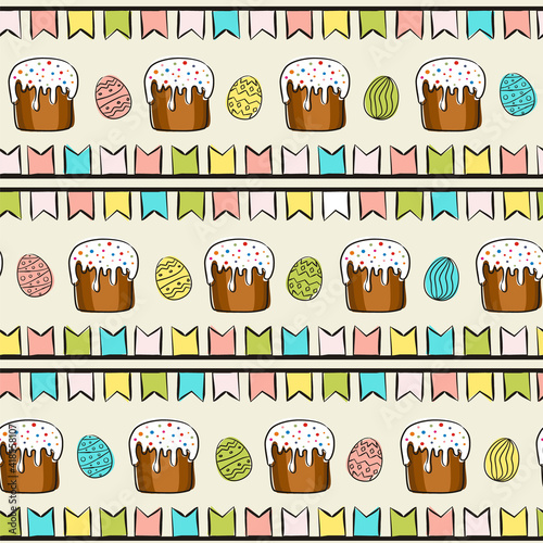 Hand-drawn pattern with easter eggs  cakes and flags. Seamless Easter vector pattern in doodle style.