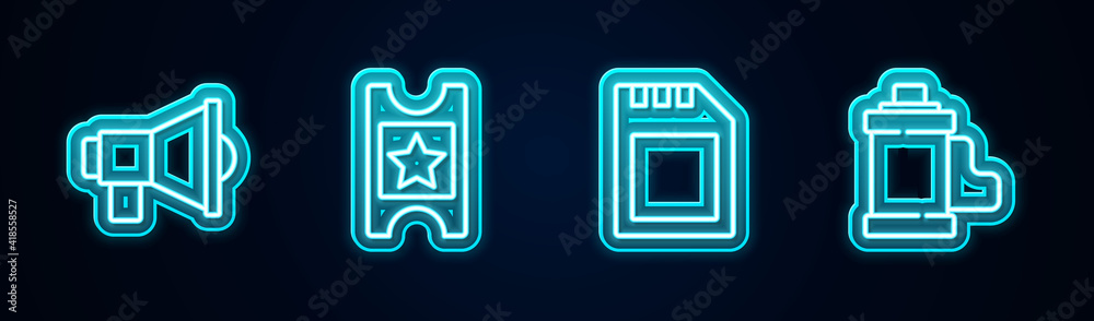 Set line Megaphone, Cinema ticket, SD card and Camera film roll cartridge. Glowing neon icon. Vector. Set line Megaphone, Cinema ticket, SD card and Camera film roll cartridge. Glowing neon icon. Vector.