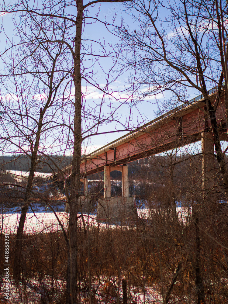 The underside of a steel and concrete bridge crossing the frozen North Saskatchewan River, Hensberg Alberta, Canada The underside of a steel and concrete bridge crossing the frozen North Saskatchewan River, Hensberg Alberta, Canada