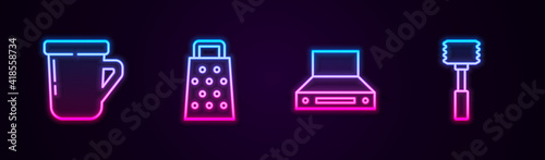 Set line Coffee cup, Grater, Kitchen extractor fan and hammer. Glowing neon icon. Vector.