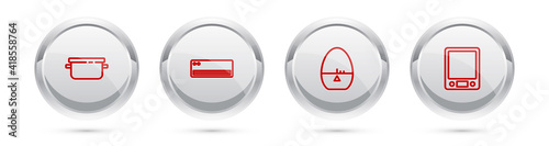 Set line Cooking pot, Air conditioner, Kitchen timer and Electronic scales. Silver circle button. Vector.