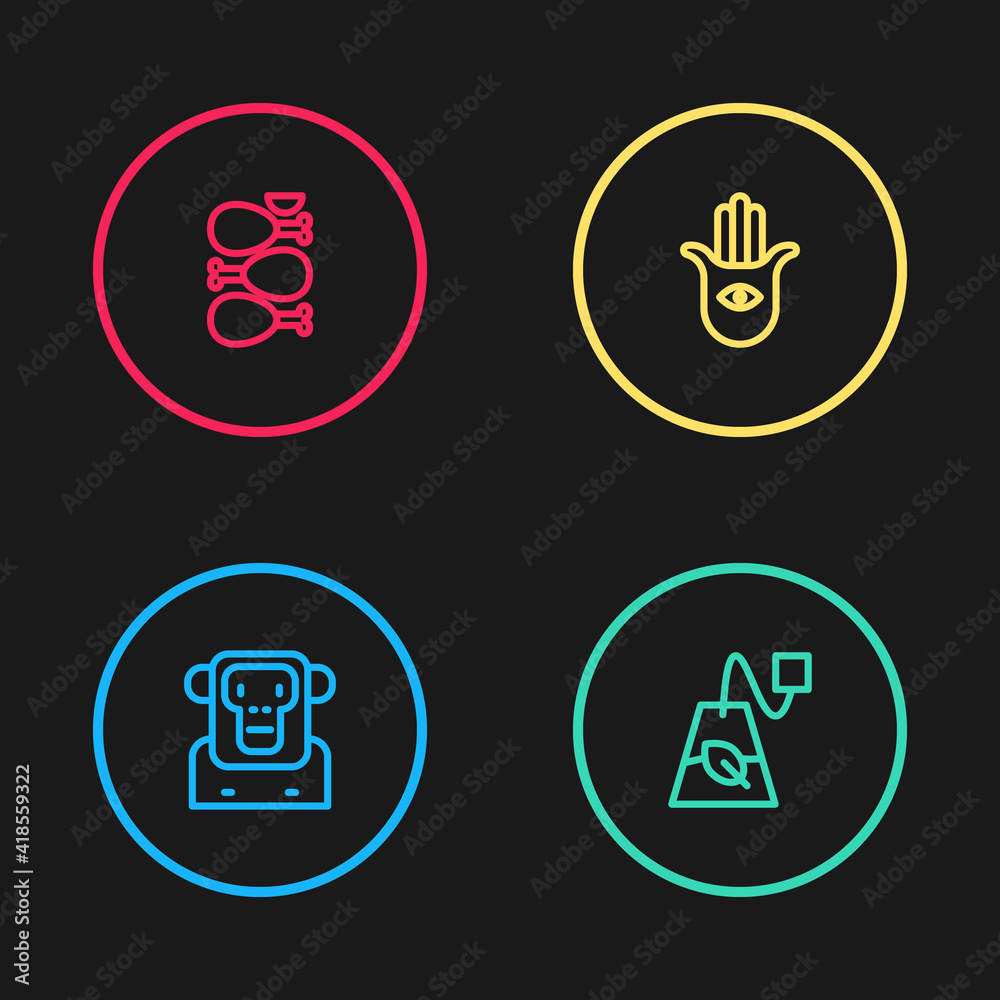 Set line Monkey, Tea bag, Hamsa hand and Tandoori chicken icon. Vector.