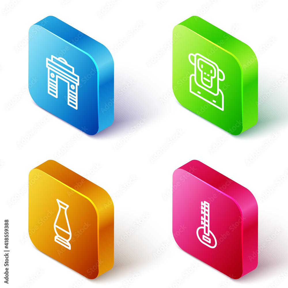 Set Isometric line India Gate in Delhi, Monkey, Indian vase and Sitar icon. Vector.