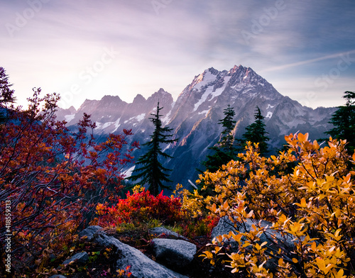 Sunrise Illuminates Johannesburg Mountain and Fall Colors on the Eldorado Peak Route. North Cascades National Park, Washington
