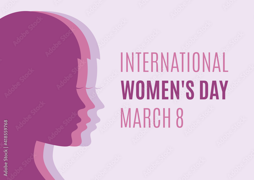 International Women's Day, March 8 Poster with beautiful woman face profile purple silhouette vector. Women's Day greeting card with pretty girl profile face silhouette vector. Important day