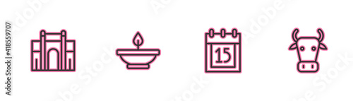 Set line India Gate in Delhi, Independence day, Aroma lamp and Cow icon. Vector.