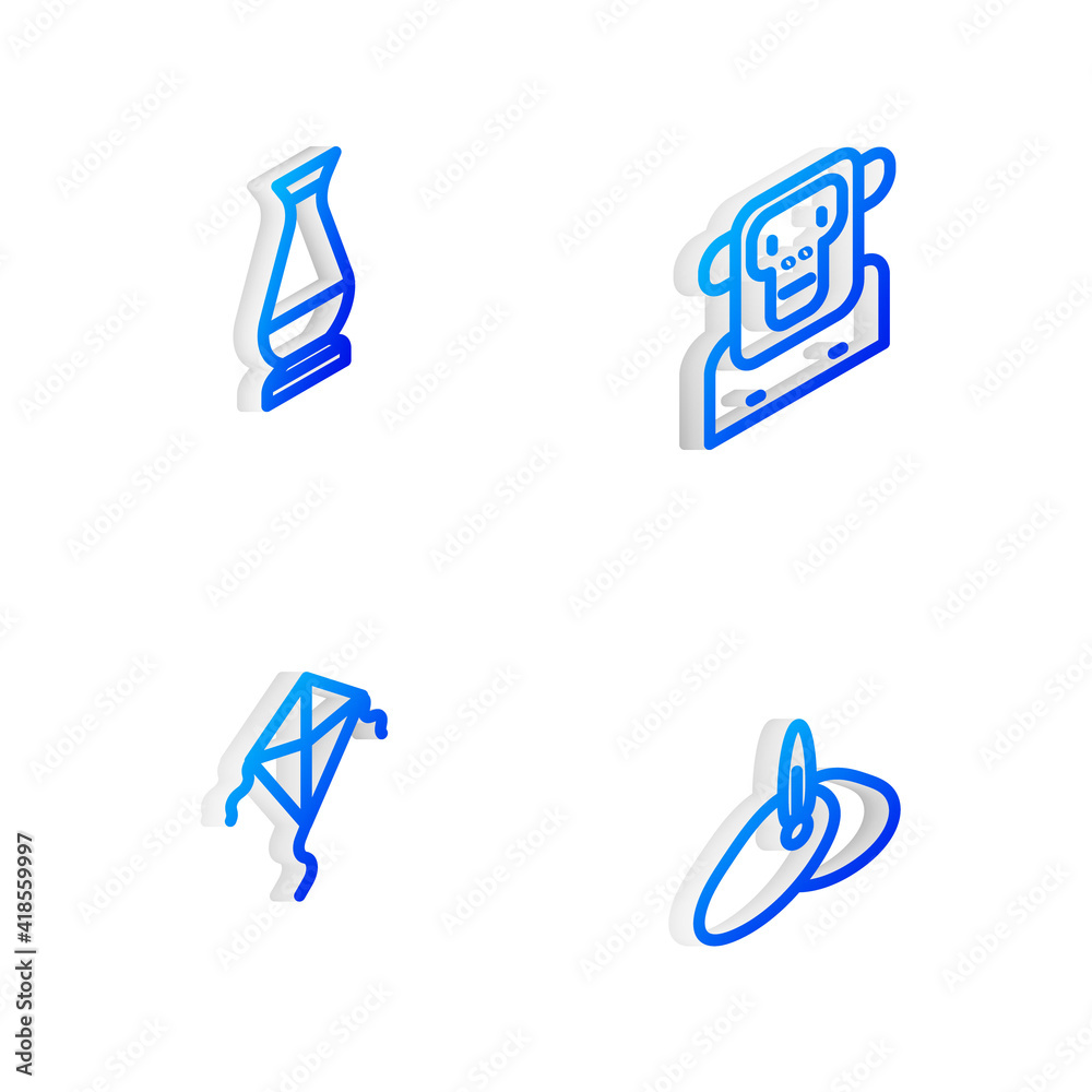 Set Isometric line Monkey, Indian vase, Kite and headgear turban icon. Vector. Set Isometric line Monkey, Indian vase, Kite and headgear turban icon. Vector.