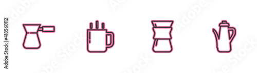 Set line Coffee turk, Pour over coffee maker, cup and Teapot icon. Vector.
