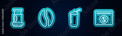 Set line Aeropress coffee, Coffee beans, Milkshake and Bag. Glowing neon icon. Vector.