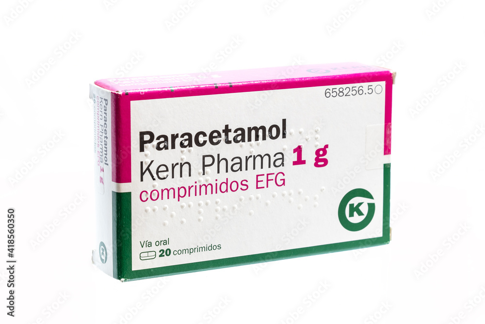 Huelva, Spain - March 6, 2021: Spanish box of Paracetamol Kern