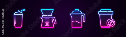 Set line Milkshake, Pour over coffee maker, French press and Coffee cup to go. Glowing neon icon. Vector.