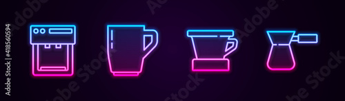Set line Coffee machine, cup, V60 coffee maker and turk. Glowing neon icon. Vector.