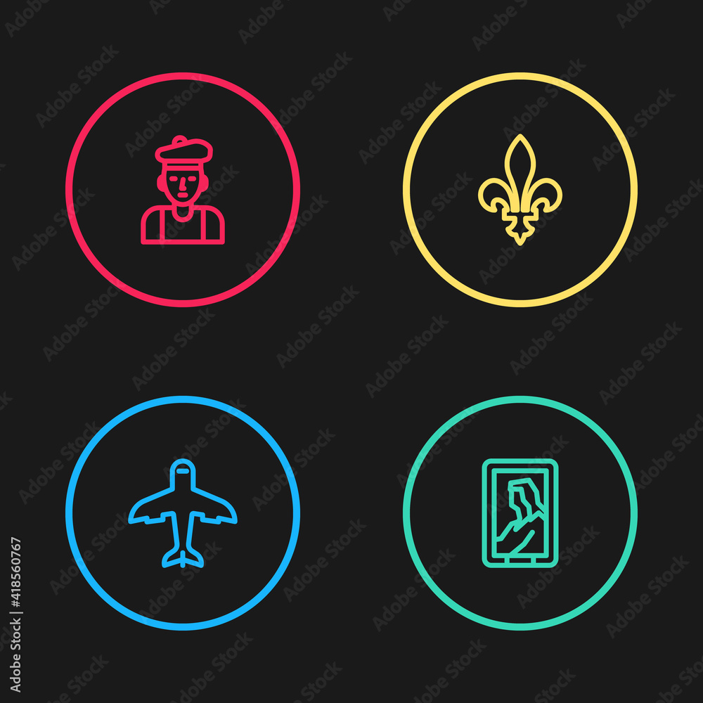 Set line Plane, Portrait in museum, Fleur De Lys and French man icon. Vector. Set line Plane, Portrait in museum, Fleur De Lys and French man icon. Vector.