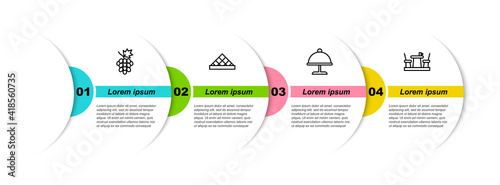 Set line Grape fruit, Louvre museum, Covered with tray and French cafe. Business infographic template. Vector.