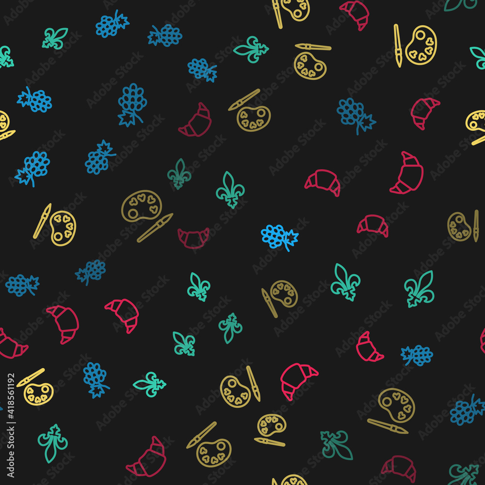 Set line Grape fruit, Fleur De Lys, Paint brush with palette and Croissant on seamless pattern. Vector. Set line Grape fruit, Fleur De Lys, Paint brush with palette and Croissant on seamless pattern. Vector.