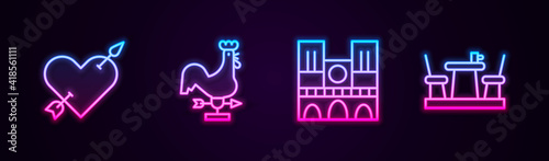 Set line Amour with heart and arrow, Rooster weather vane, Notre Dame and French cafe. Glowing neon icon. Vector.