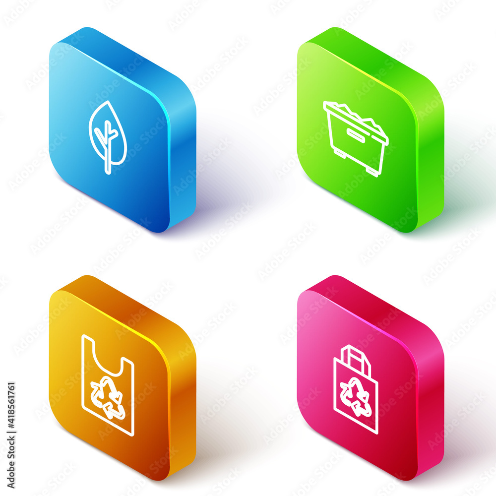 Set Isometric line Tree, Trash can, Plastic bag with recycle and Paper icon. Vector. Set Isometric line Tree, Trash can, Plastic bag with recycle and Paper icon. Vector.