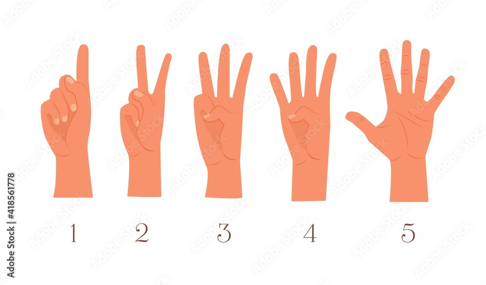 Set of fingers. first, second, third, fourth, fifth, one, two, three