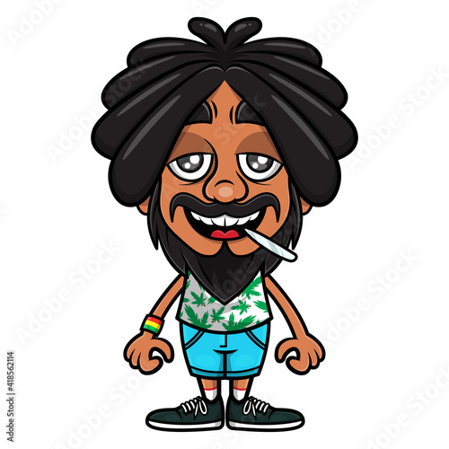 Dreadlocks man cartoon characters wearing tank top with marijuana leaf pattern, standing and smoking marijuana, best for logo or mascot of cannabis product