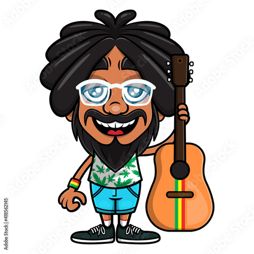 Dreadlocks Man Cartoon Characters wearing sunglasses and tank top with marijuana leaf pattern, carrying a acoustic guitars with rastafari flag color, best for sticker or mascot of Reggae music themes