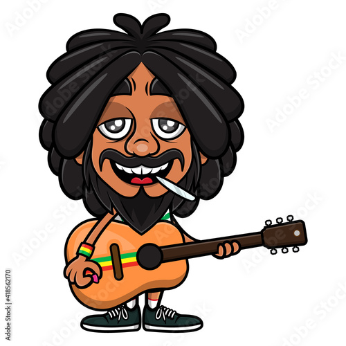 Dreadlocks man cartoon characters playing reggae music with acoustic guitar while smoking marijuana, best for sticker or mascot of Reggae music themes