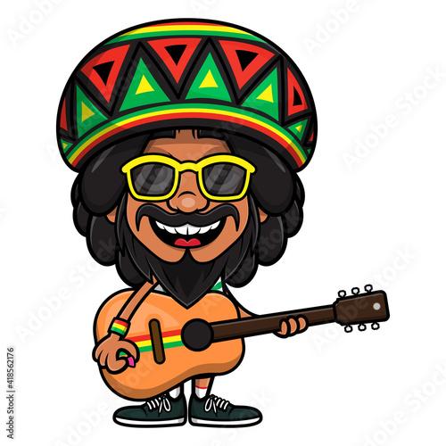 Reggae Man Cartoon Characters wearing sunglasses and traditional slouchy beanie with rastafari flag color and playing acoustic guitar while singing, best for mascot or logo of Reggae music themes