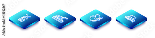 Set Isometric line Windmill, Spanish jamon, wineskin and hat icon. Vector.