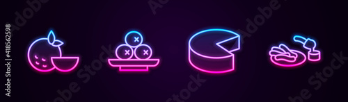 Set line Orange fruit, Olives on plate, Cheese and Churros and chocolate. Glowing neon icon. Vector.