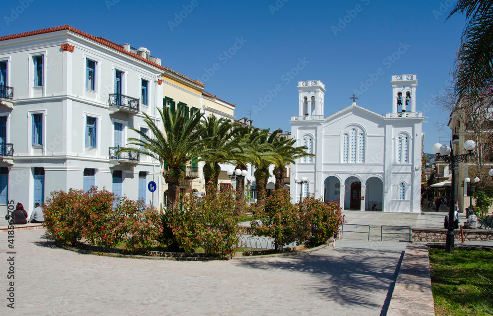 Fototapeta premium View of an orthodox church and square in Nafplio city .Peloponesse,Greece