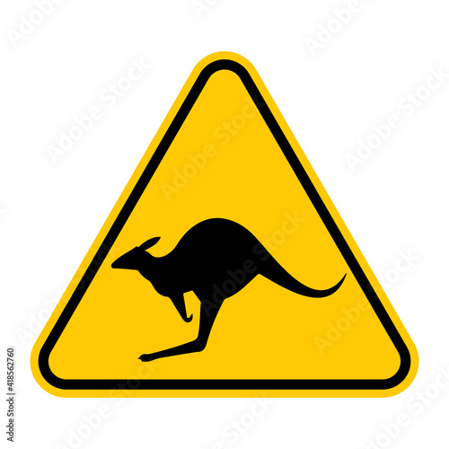 Kangaroo road sign. Vector illustration of yellow triangle warning sign with kangaroo icon inside. Kangaroos crossing symbol isolated on white background. Australian animal sign.  