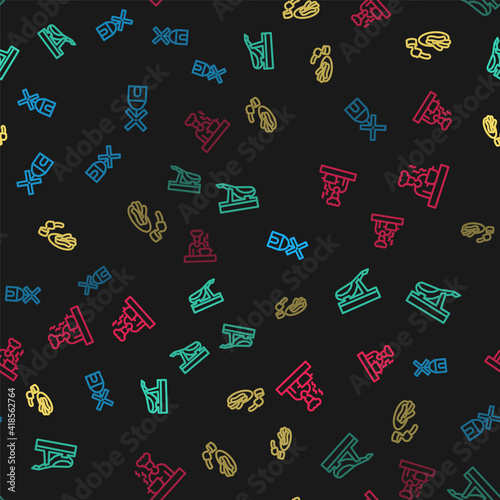 Set line Windmill, Spanish jamon, Churros and chocolate and cook on seamless pattern. Vector.