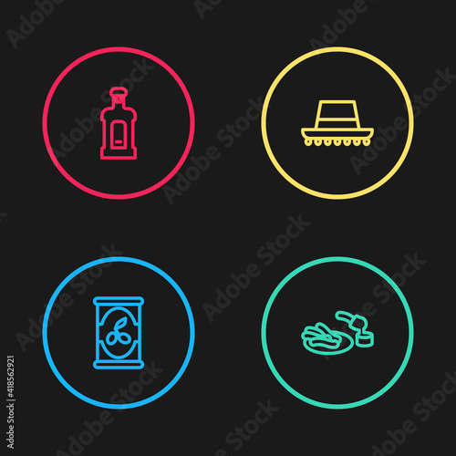 Set line Olives in can, Churros and chocolate, Spanish hat and Orujo icon. Vector.