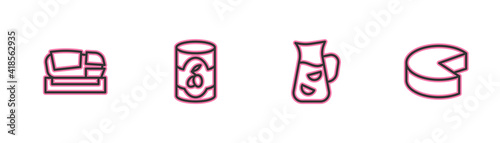 Set line Stadium Mestalla, Sangria, Olives in can and Cheese icon. Vector.