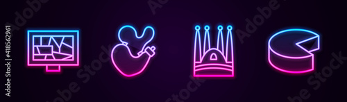 Set line Picture art, Spanish wineskin, Sagrada Familia and Cheese. Glowing neon icon. Vector.